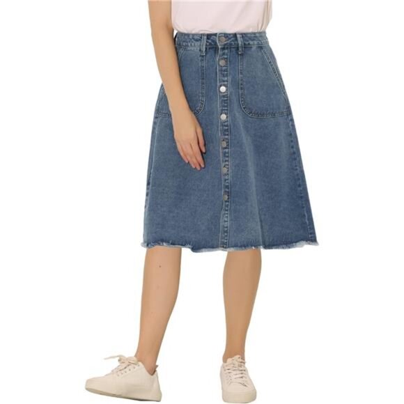 Women's Denim Skirts Raw Hem Button Down Blue3 - Picture 1 of 5